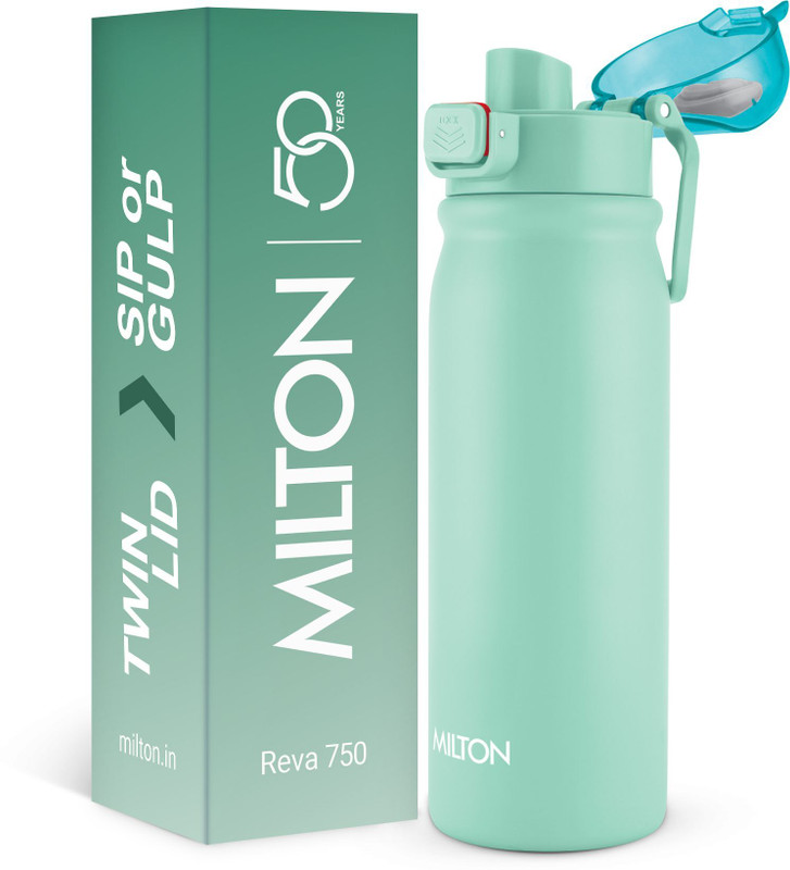 MILTON Reva 1000 Steel Water Bottle with Twin Lid Sip or Gulp, 750ml Aqua Green 750 ml Stainless Steel Bottle(Pack of 1, Green)