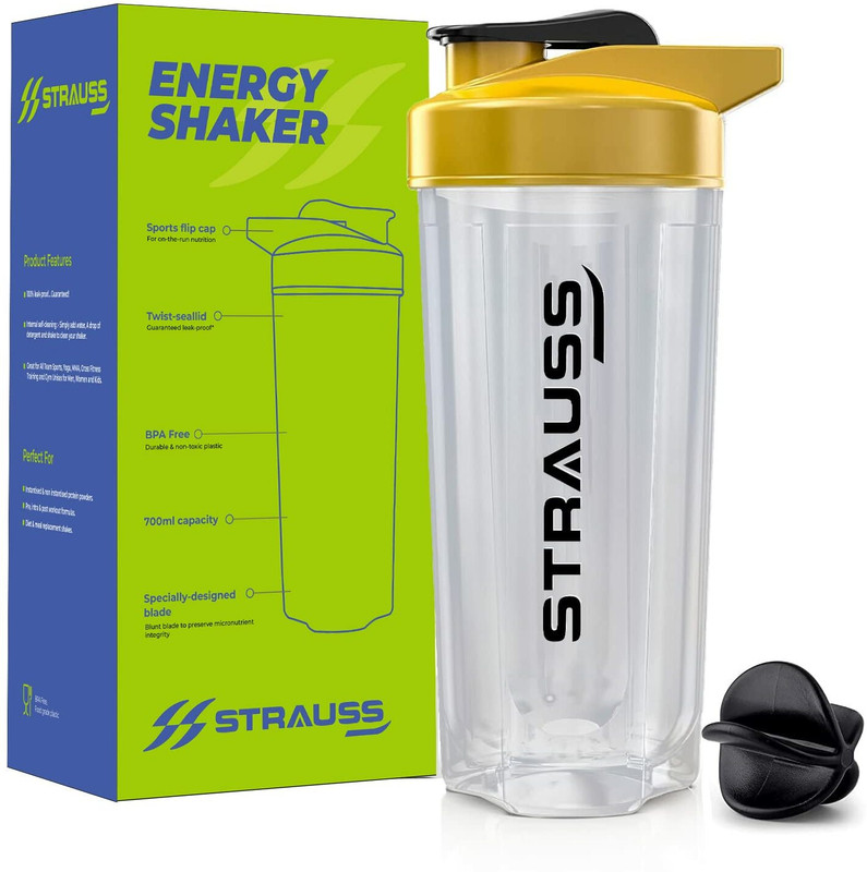 Strauss Energy Shaker Bottle | Gym Shaker | Protein Shaker, White Shade 700 ml Plastic Shaker(Pack of 1, White, Yellow)