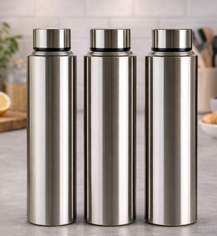 VISAXMI Stainless Steel Combo 3 Water Bottle for college/Fridge/Sports/Gym/Office (3Pcs) 1000 ml Steel Bottle(Pack of 3, Steel/Chrome)