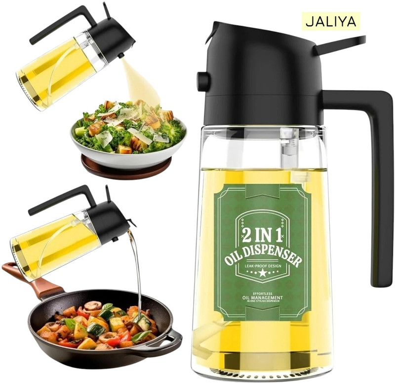 JALIYA 2-in-1 Oil Dispenser 470ml Spray Bottle for Cooking Leak Proof 470 ml Glass, Plastic Spray Bottle(Pack of 1, Clear, Green, Black)