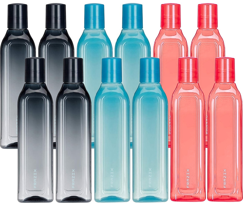 frazix 1000ml Leak Proof BPA Free Stylish Water Bottle Set 1000 ml Plastic Bottle(Pack of 12, Black, Blue, Red)