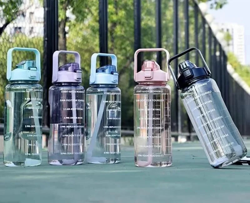 BUYNEST 2L Motivational Water Bottle with Time Marker & Straw Fridge bottle- BPA Free" 2000 ml PET Sipper(Pack of 1, Multicolor)