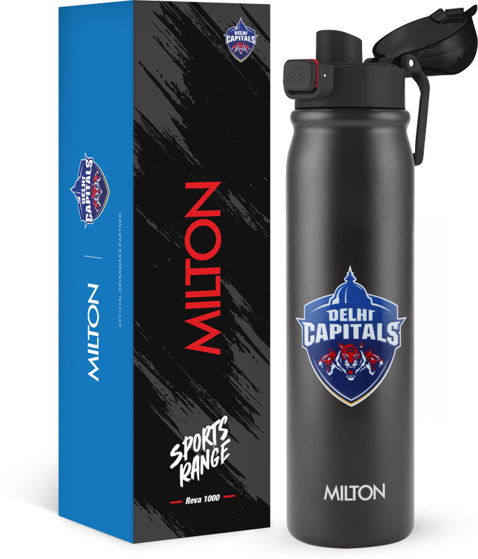 MILTON Sports Reva 1000 Cricket SS Sipper Bottle Twin Lid Sip or Gulp, DC Black 1000 ml Stainless Steel Bottle(Pack of 1, Black)