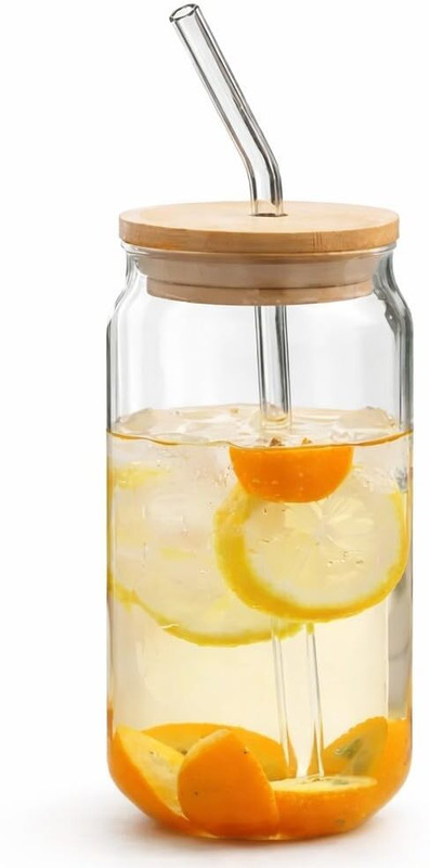PRINERI Glass Tumbler with Bamboo Lid & Straw 450 ml Glass Sipper(Pack of 1, Clear)