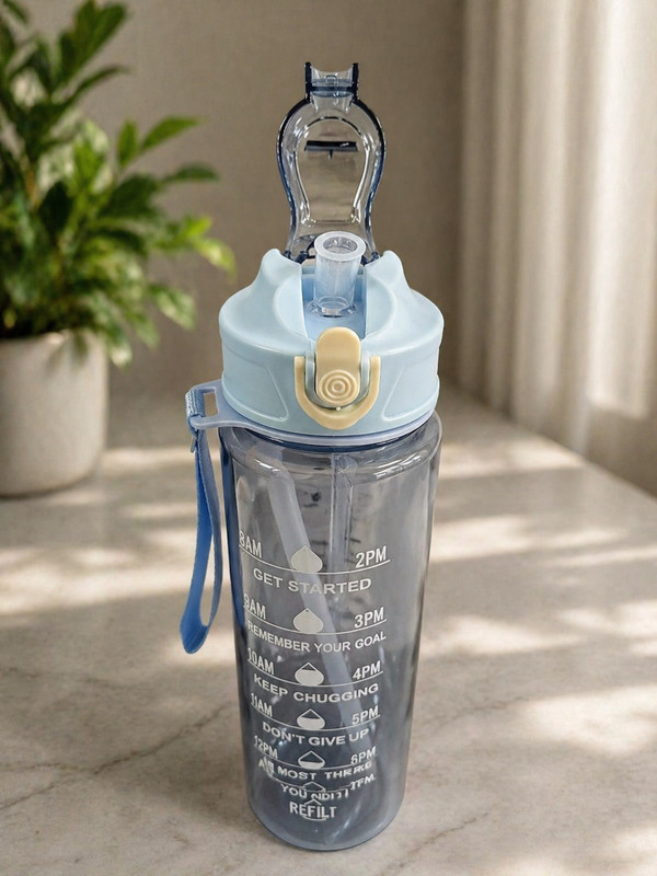 Homflowstore Motivational Water Bottle 1 Litre with Time Marker & Straw Leakproof Sipper 1000 ml Plastic Sipper(Pack of 2, Light Blue)
