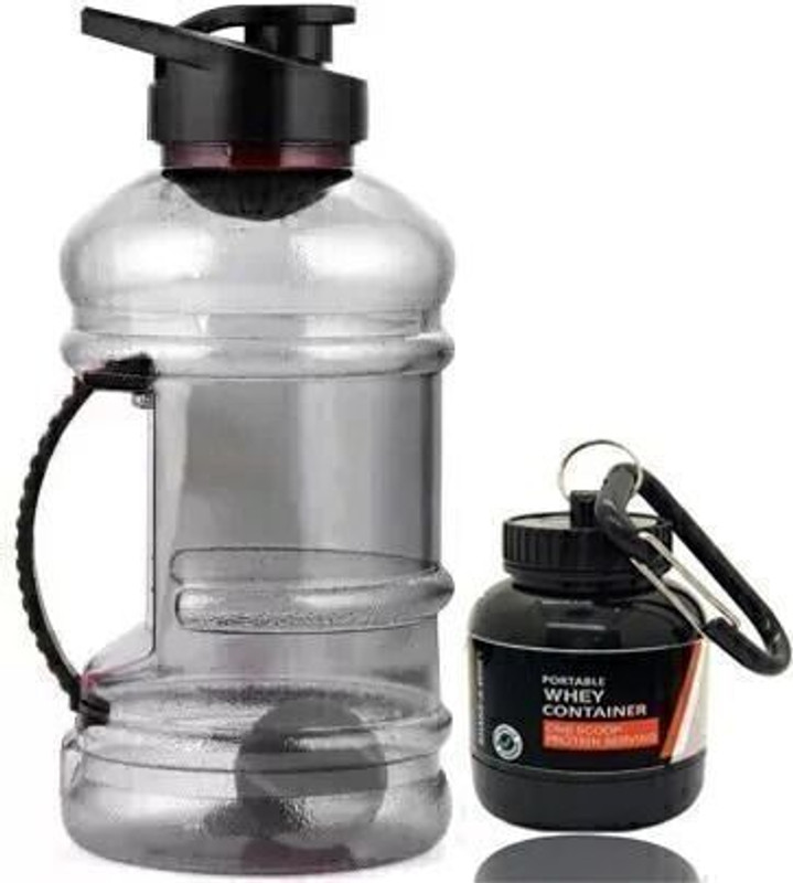 COOL INDIANS Gym Gallon Water Bottle with Protein Funnel & Container with Key-Chain 1500 ml Plastic Shaker(Pack of 2, Black)