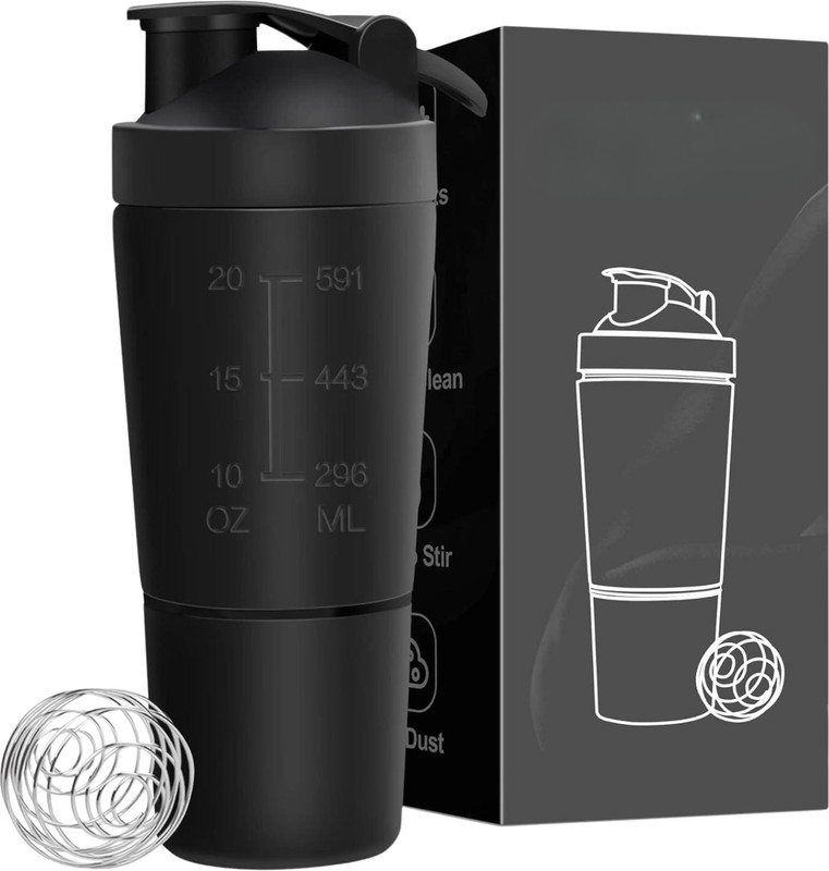 MozFit Gym Bottle for Supplements, Featuring a Shaker Ball and Bottom Storage 750 ml Stainless Steel Shaker(Pack of 1, Black)