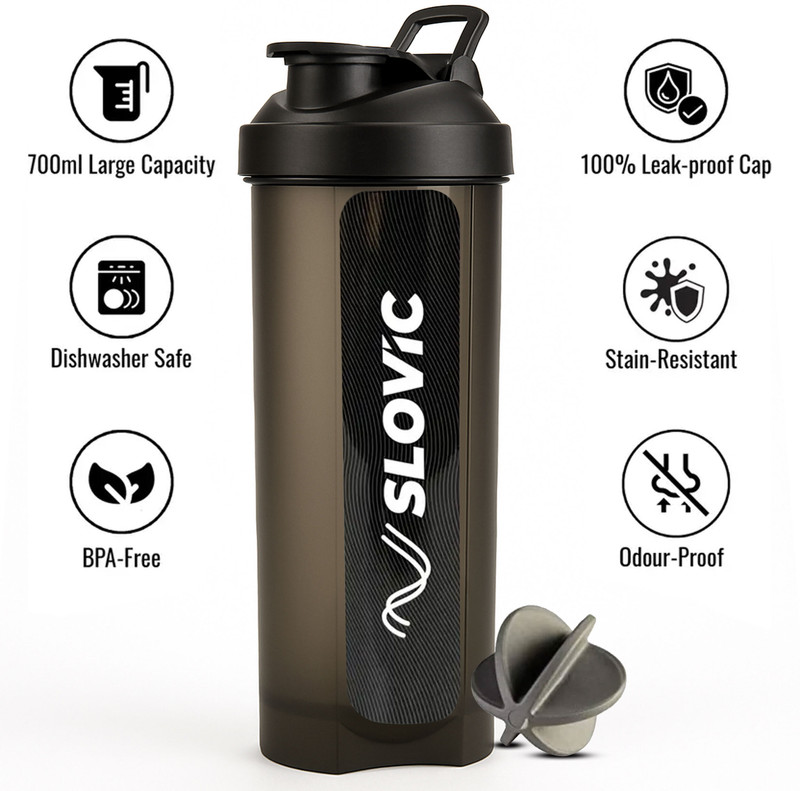 SLOVIC Leak-Proof Gym | Protein with Typhoon Blender | BPA-Free 700 ml Plastic Shaker(Pack of 1, Black)