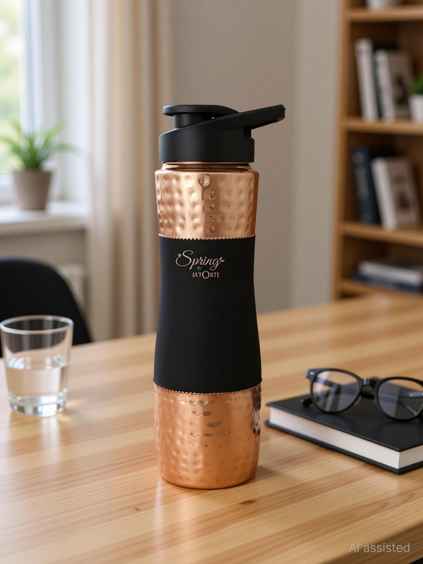 LA'FORTE Original Heavy Gauge Copper Bottle With Shaker Lid 1000 ml Copper Bottle(Pack of 1, Gold, Black)