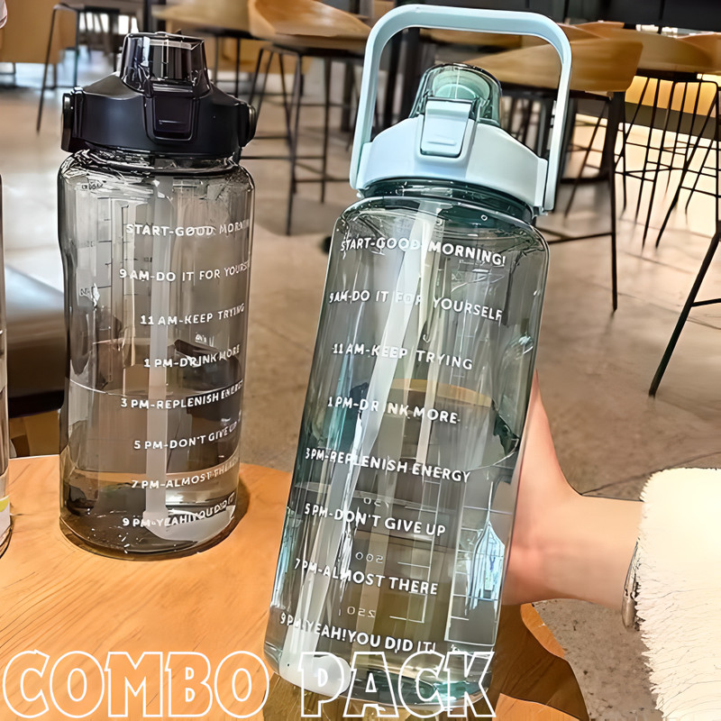 anshika *HAPPY PLACES*Motivational Water Bottle Combo For gym/collage/yoga/sports 2000 ml Plastic, Silicone, Tritan Sipper(Pack of 2, Light Green, Black)
