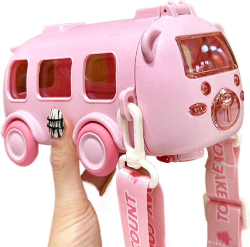 MHAX New Creative Bus Shape 500ml Plastic StrawCup Reusable BPA Free Student Drinking(Pink)