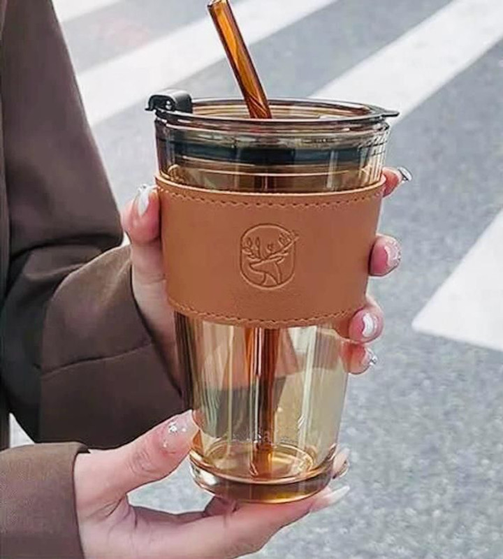 DellyBoom Brown Glass Coffee Sipper Tumbler with Straw & Leather Sleeve for Daily Use 450 ml Glass Sipper(Pack of 1, Brown)