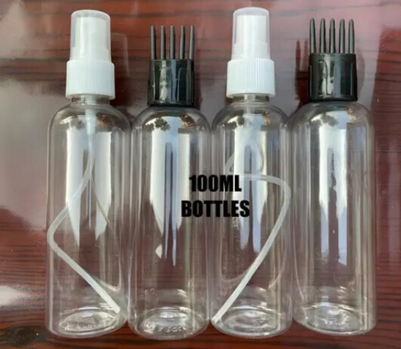 EverGlam 100ml empty pet bottles 2pcs and 2 bottle of them is a oil bottle Comb Black 400 ml PET Spray Bottle(Pack of 4, Clear, Black)