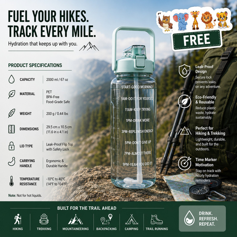 EXODUS HydroMax Inspire 2L Leakproof Motivational Sipper with Time Marker 2000 ml PET Bottle(Pack of 1, Green)