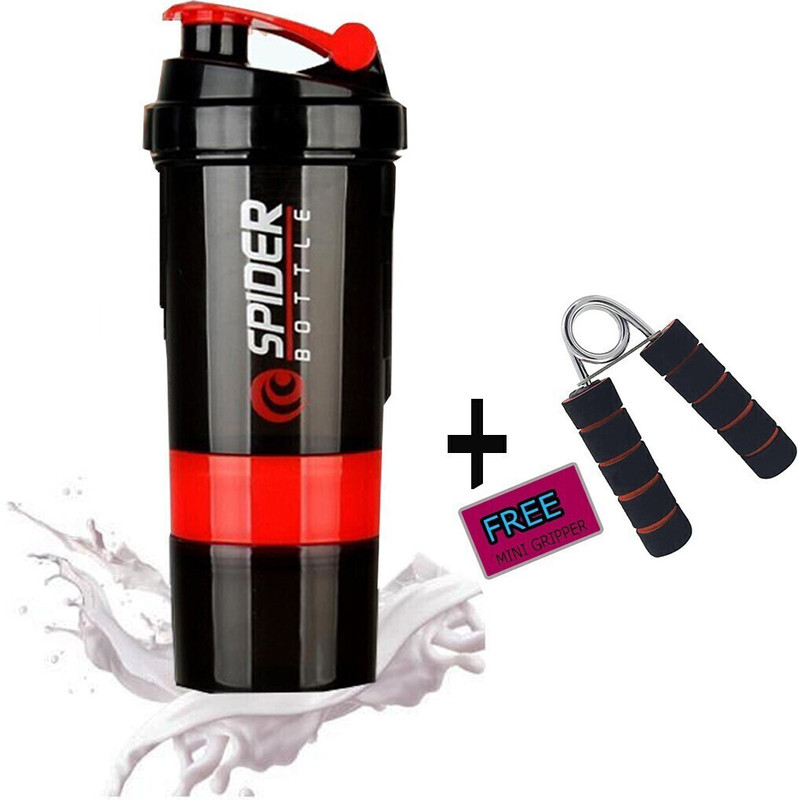 COOL INDIANS Protein Powder Bottle for gym with 2 Storage Extra HAND GRIPPER 500 ml Plastic Shaker(Pack of 1, Red)