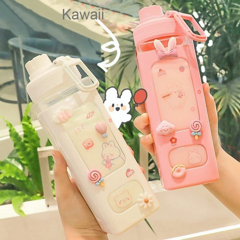 SOKT Large Kawaii Water Bottle With Straw & 3D Stickers Cute Aesthetic Bottle Kawaii 700 ml Plastic Bottle(Pack of 1, Pink)