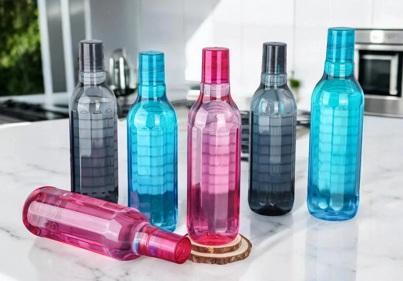 OMORTEX Stay Cool & Hydrated at school,college,work,gym & outdoor 1000 ml Plastic Bottle(Pack of 6, Multicolor)