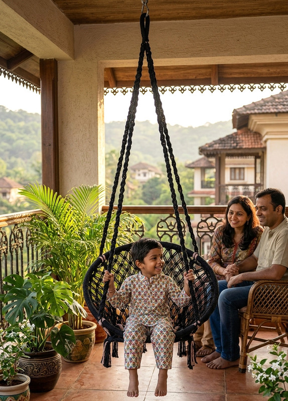 Patiofy Cotton Rope Round Swing Chair for Kids, Wooden Swing for Kids, Jhula for Outdoor Swings(Black)