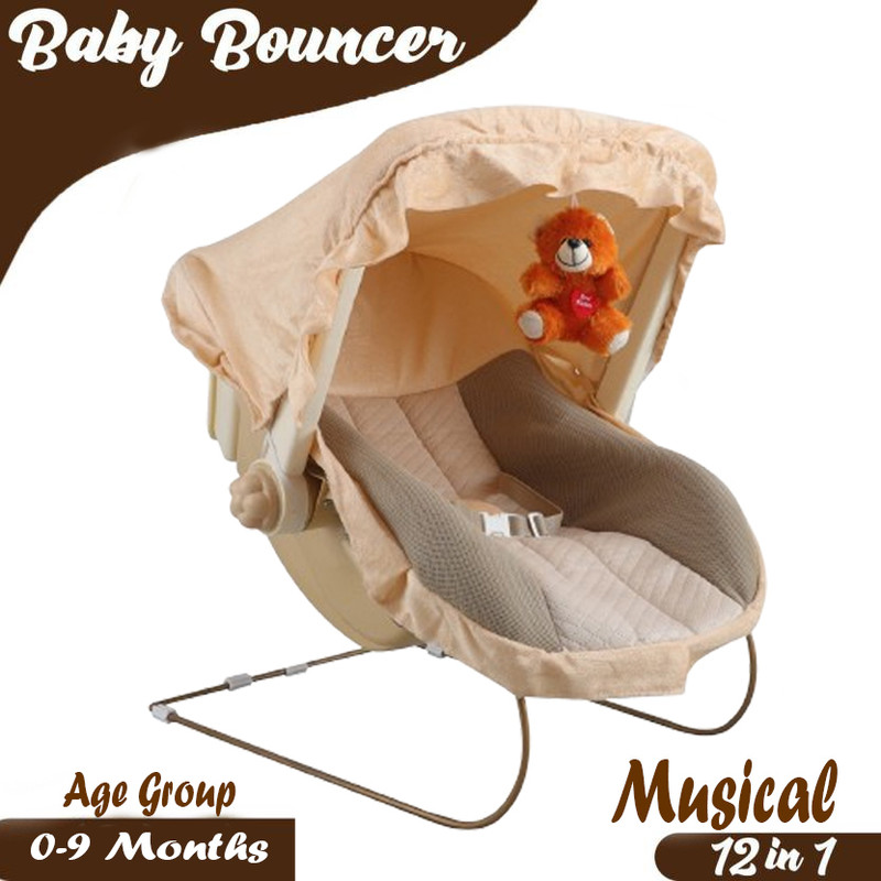 JoyRide DLX Carry Cot & Rocking Chair | Mosquito Net | Storage Box and Swinging Ropes Bouncer(Brown)