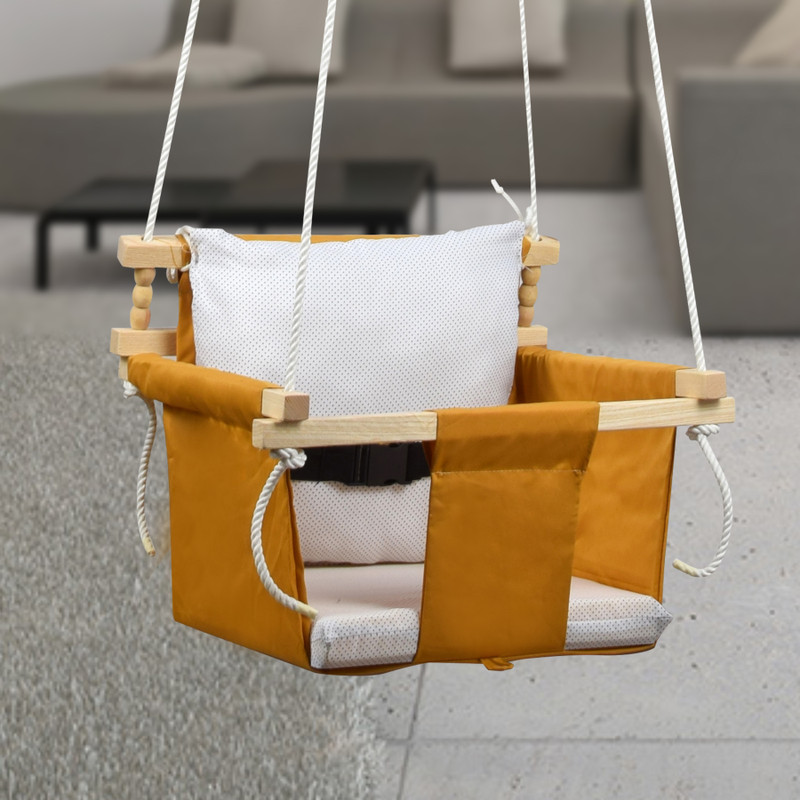 PELIXO Wooden Swing for Baby, Baby Hammock Swing with Pillow, Hanging Swing Seat Chair Bouncer(Gold)