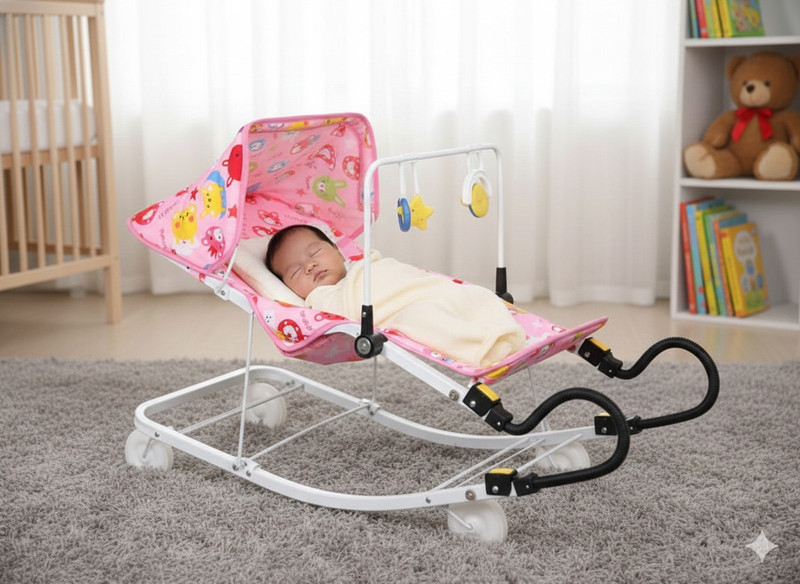 Infanto 3 in 1 Baby Bouncer | Rocker & Indoor Cart | Sunshade | Locking Rocker and Bouncer(Pink)