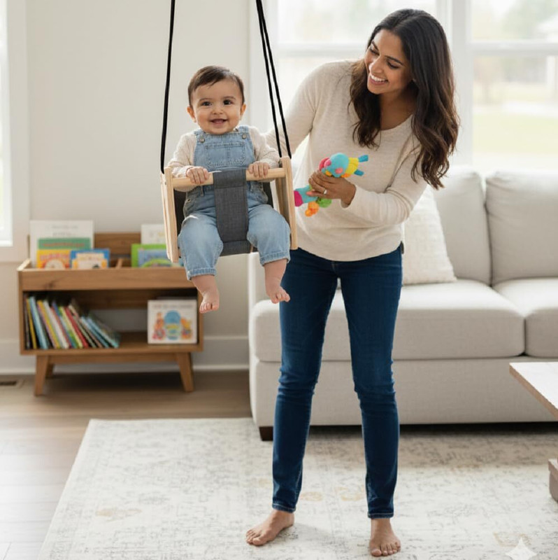 K.TEAM Eco-Friendly Wooden Baby Swing with Safety Belt and Padded Canvas Seat Bouncer(Beige)