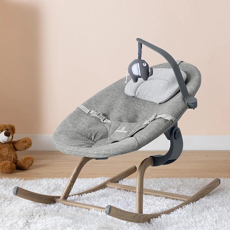 growgether Ergonomic Baby Rocker | Soft Reclining Bouncer with Wood Finish (0 to 6 Months) Rocker(Grey)