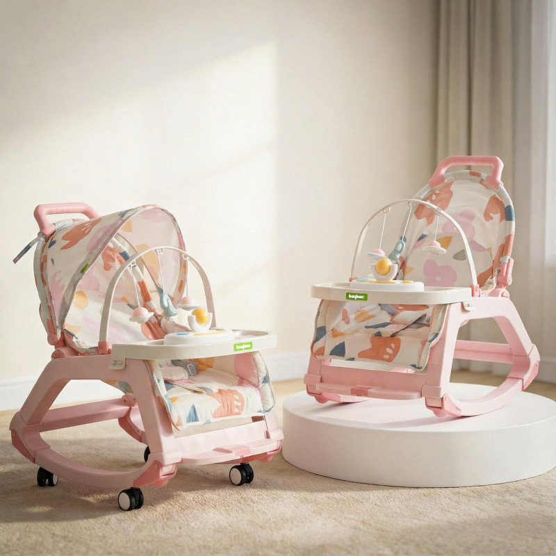 baybee Baby Rocking Chair for 0–3 Yrs with Push Rocker Adjustable Canopy & Hanging Toys Rocker and Bouncer(Pink)