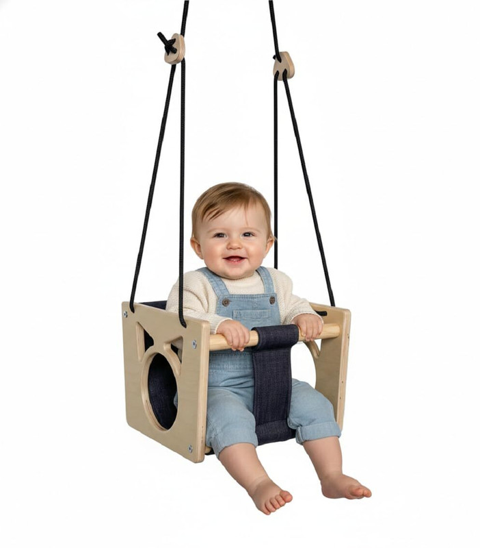 XSOURCE AdjustabLE Wooden Infant Swing Chair for Indoor/Outdoor Play Bouncer(Beige)