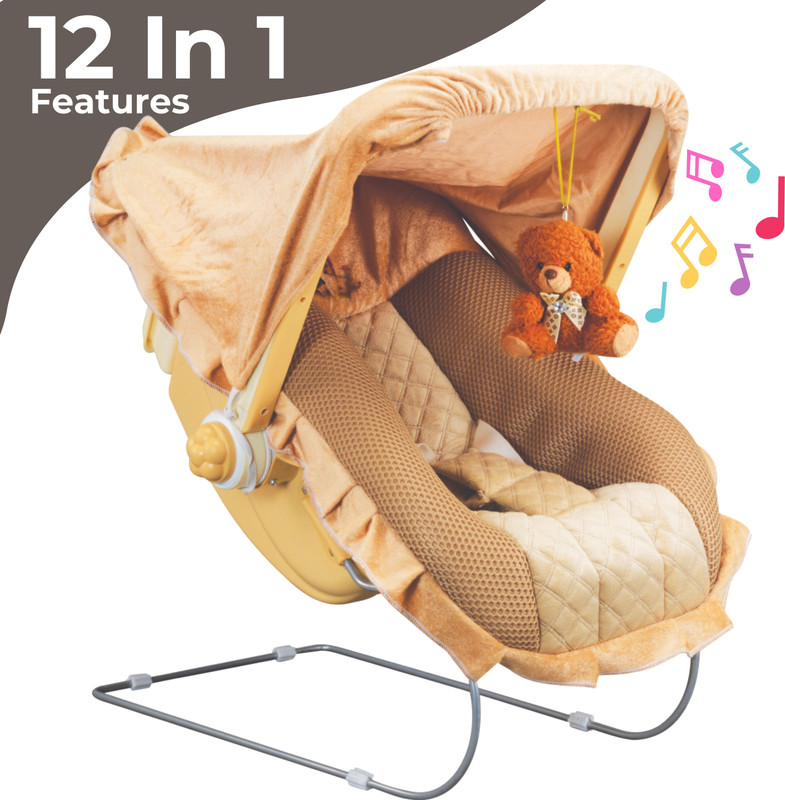 mama luv mee Premium Quality | Deluxe 12 in 1 Musical Carry Cot | Baby Rocker and Bouncer(Brown, White)