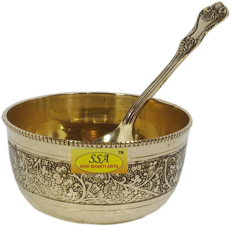 Shivshakti Arts Brass Serving Bowl Combo Of Handmade Pure Brass Bowl Embossed Design with Brass Spoon(Pack of 2, Yellow)
