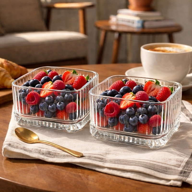 IndusBay Glass Dessert Bowl Set of 2 , Square Shaped Fluted Bowl For Desserts Snacks Ice creams 350 ML(Pack of 2, Clear)