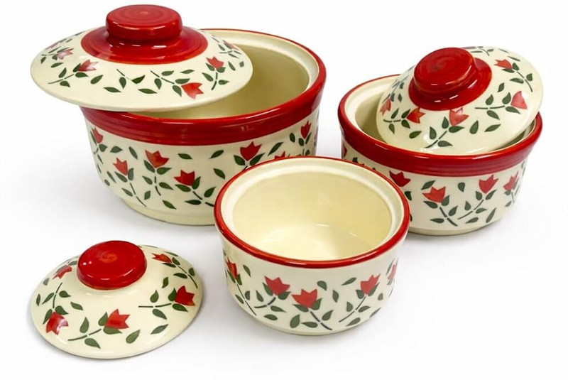 shadowgreen Ceramic Salad Bowl Red leaves Donga Set(Pack of 3, Red)