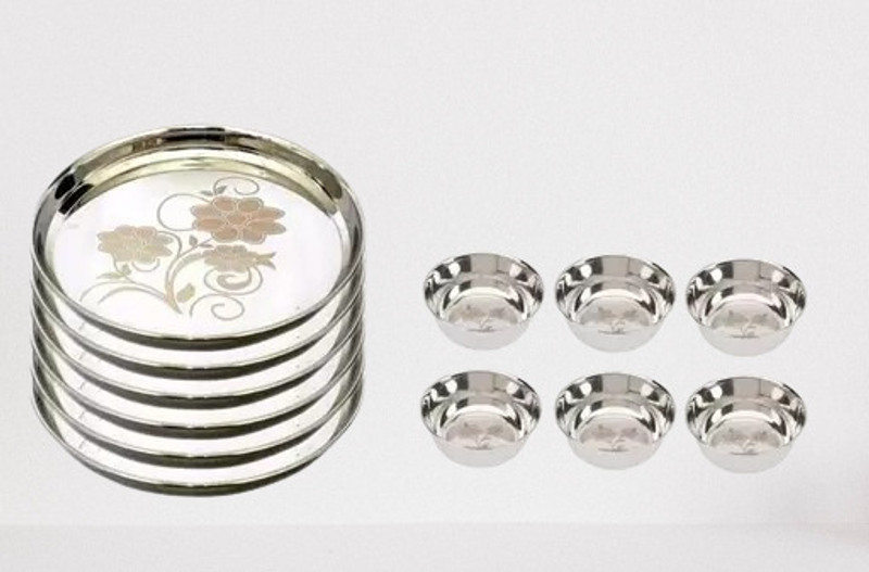 FROTOOL Steel Soup Bowl steel dinner set 12 piece 6 plate 6 bowl(Pack of 1, Silver)