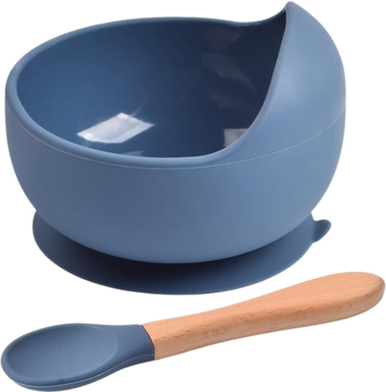 NOWFLY Baby Silicone Suction Bowl with Wood-Handle Spoon – Unbreakable, BPA‑Free  - SILICONE(Blue)