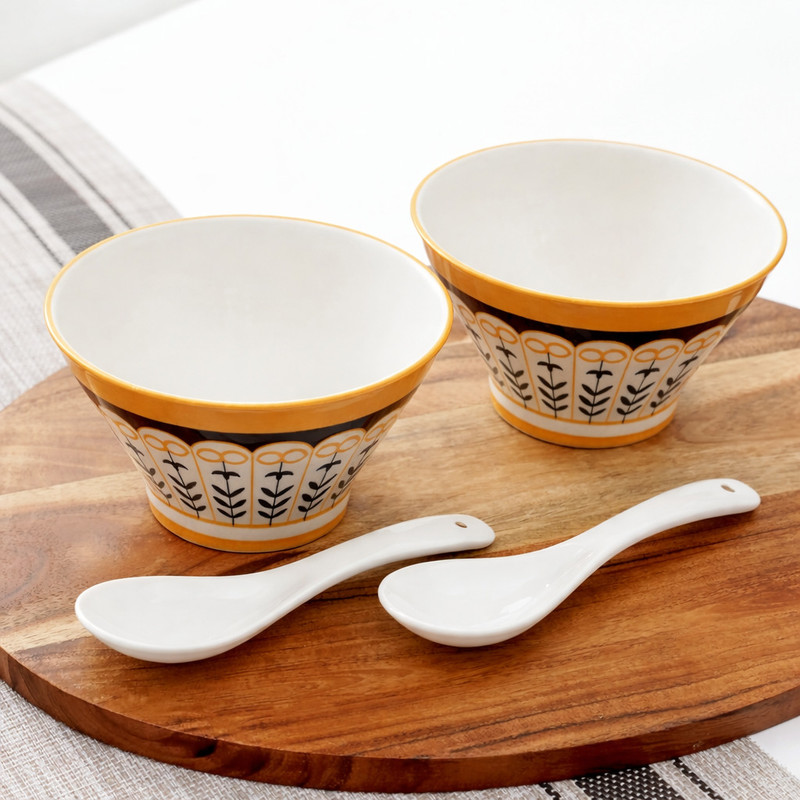 Femora Ceramic Soup Bowl Ramen Bowls | Charming Folk-Art Linear Pattern(Pack of 2, Multicolor)