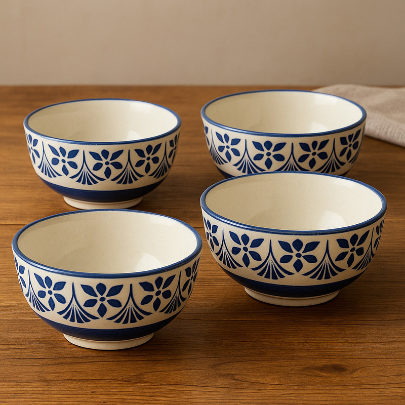 Saras Aajeevika Ceramic Serving Bowl | Khurja Pottery | Elegant Pattern | serving daily meals Bowls | Soup Bowl(Pack of 4, White, Blue)