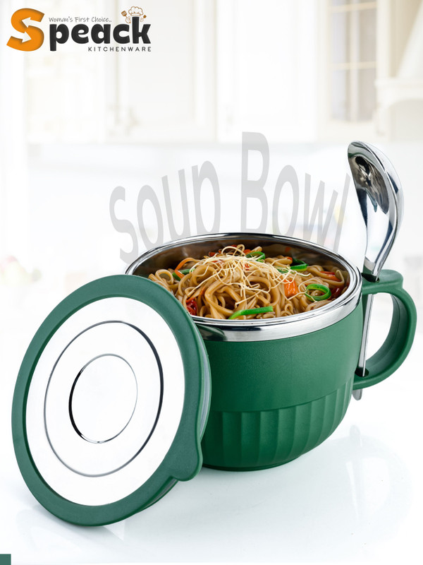 SPEACK Plastic, Steel Soup Bowl with Airtight Lid & Spoon Holder, Keeps Food Fresh & Warm–Ideal for Soups, Maggi(Pack of 1, Green)