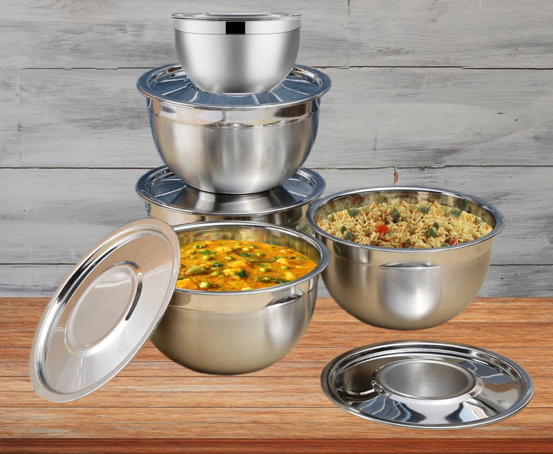 EVK Stainless Steel Mixing Bowl and Serving Bowls Set of 5 pcs with Lid/Cover Food Grade, Non Toxic, BPA Free Disposable(Pack of 5, Silver, Steel)
