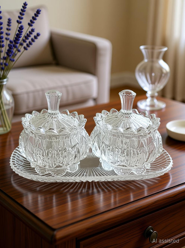 krishva Glass Storage Bowl Crystal Glass Lotus Candy Jar Set with Lid and Serving Tray Disposable(Pack of 2, Clear)
