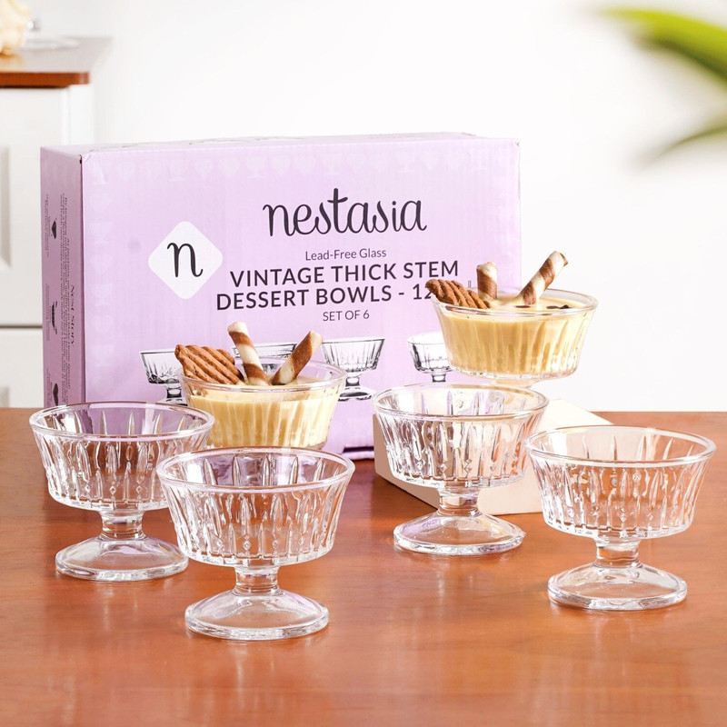 Nestasia Glass Dessert Bowl Vintage Dessert Glass Set(Pack of 6, Clear)