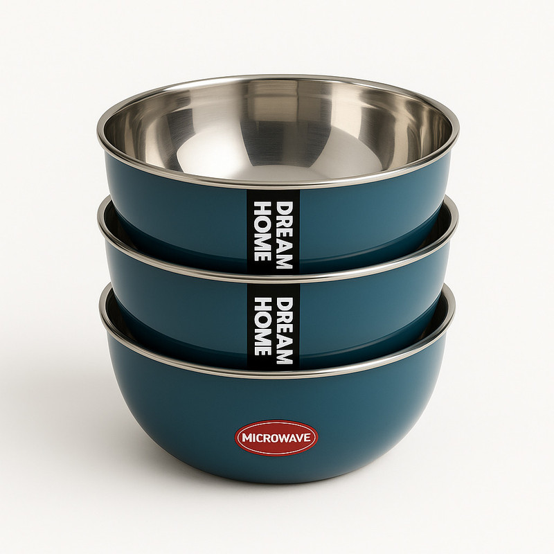 Dream Home Stainless Steel Vegetable Bowl Star Bowl Mcrowave safe with Durable Plastic Outer | 500ml Capacity | Rust-Proof(Pack of 3, Green)