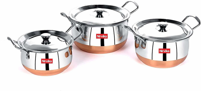 Nirvika Stainless Steel Serving Bowl Stainless Steel Handi Set 3 PCS (3 Piece) Kitchen Serving, Cooking Bowl Kadha Copper Bottom Stainless Steel with Copper Bottom Cook and Serve Cookware Set Handi with Lid - Set of 3 Pcs Cookware Set (Copper)(Pack of 3, Silver)