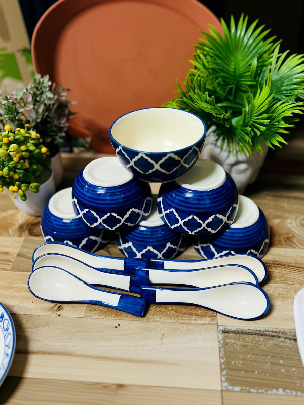 Newai Ceramic Soup Bowl(Pack of 6, Blue)