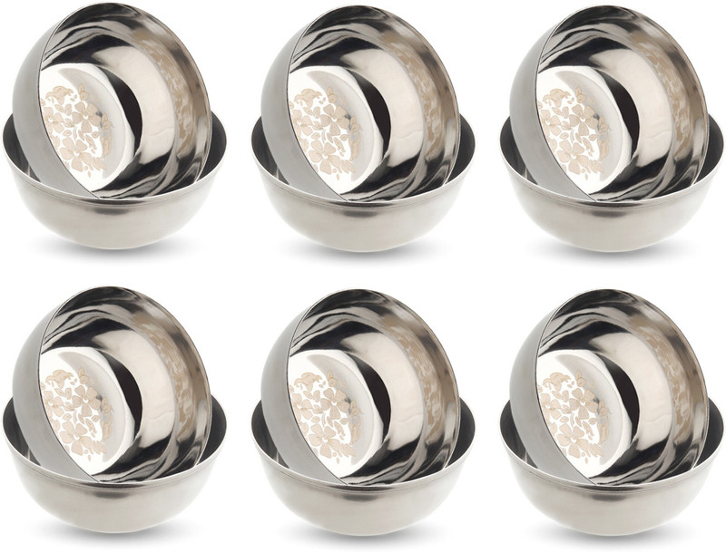 LIMETRO STEEL Stainless Steel Serving Bowl Stainless Steel Laser Print Heavy Gauge Bowl set / Wati set with Mirror Finish( 12 Pieces, Diameter: 10 cm)(Pack of 12, Steel)