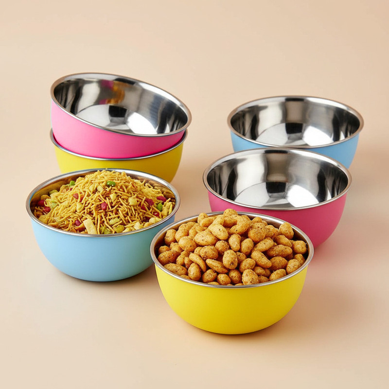 Zaib Stainless Steel Serving Bowl Microwave Safe Steel Bowls(Pack of 6, Multicolor)
