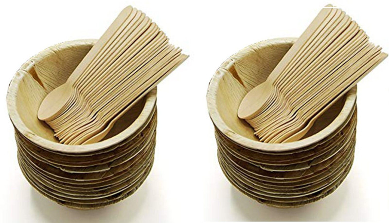 ShikharRetails Wooden Decorative Bowl Eco - Friendly Disposable Round Areca Palm Leaf Bowls And Disposable Wooden Spoon Disposable(Pack of 25, Multicolor)