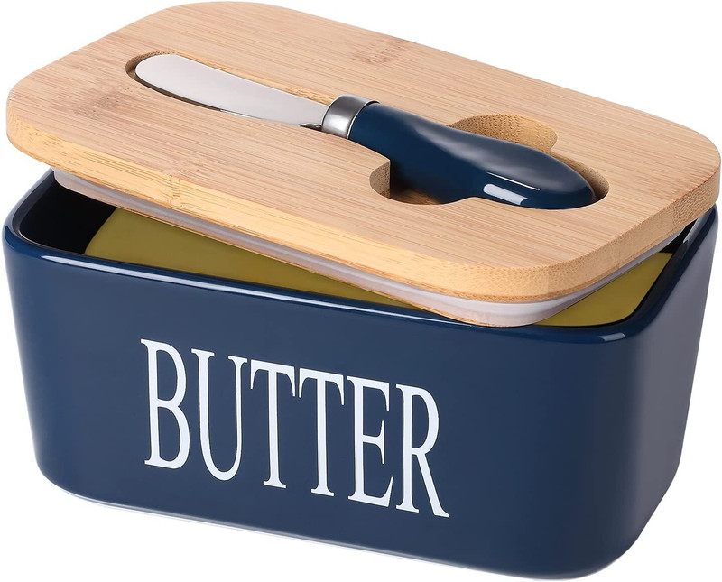 HONBUTY Ceramic Storage Bowl Ceramic Butter Dish with Wooden Lid, Large Butter Container Keeper Storage(Pack of 1, Blue)