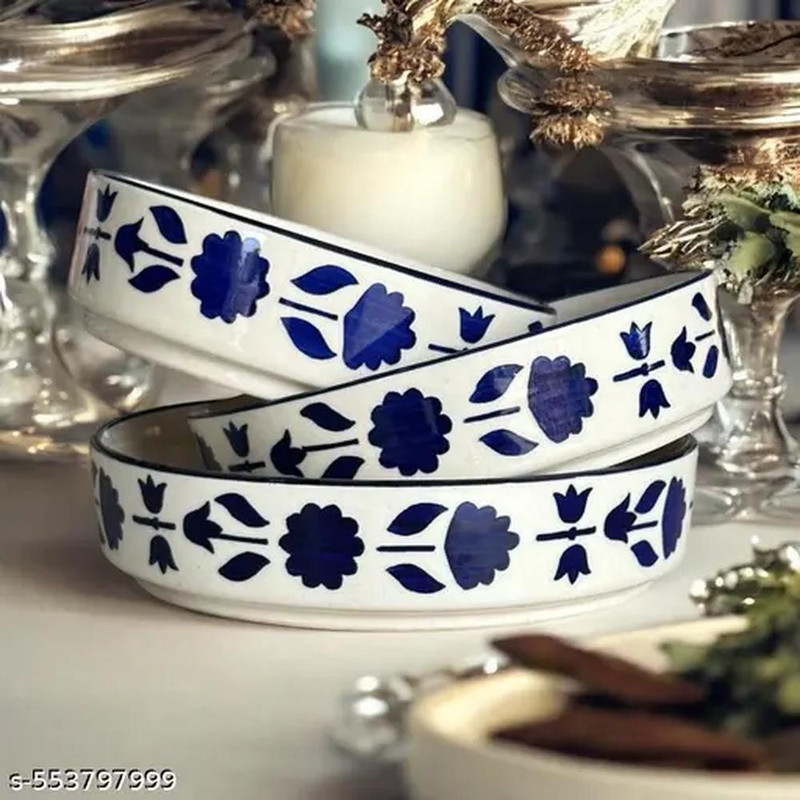 MAYAINDUSTRIES Ceramic Salad Bowl Handmade Serving Bowls Set of 3 | Stylish Flat Deep Plates for Salad, Snacks(Pack of 3, Blue)