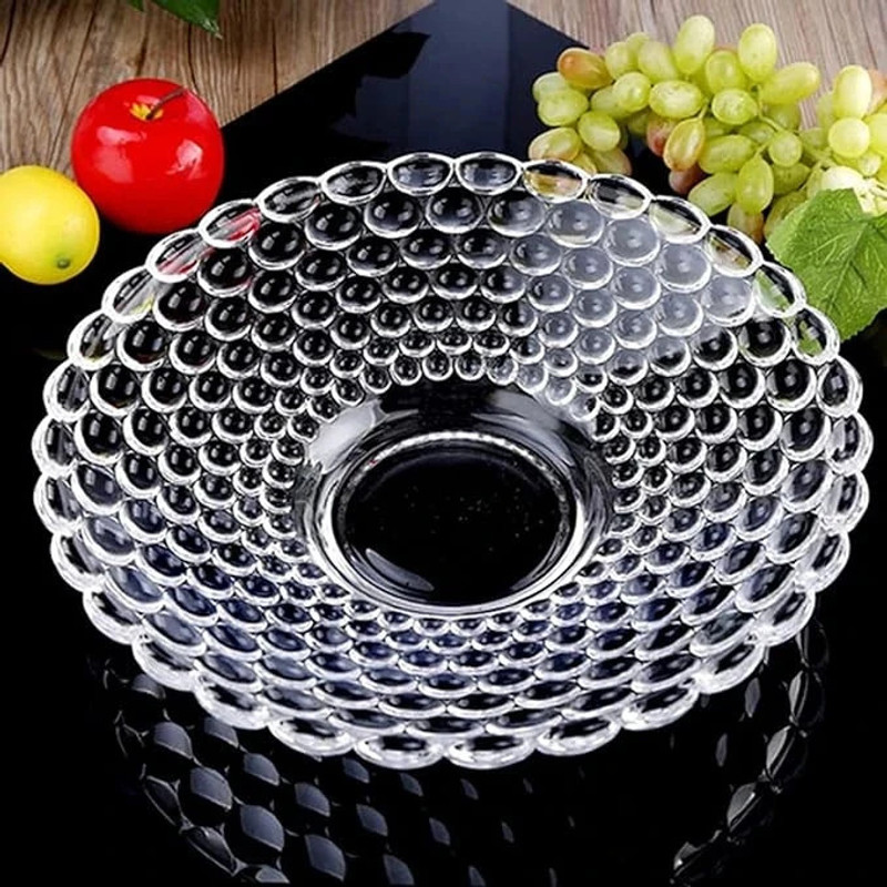 QPBM Glass Vegetable Bowl Transparent Crystal Glass Bubble Fruit Bowl Plate Serving Tray 24.5 cm Disposable(Pack of 1, Clear)
